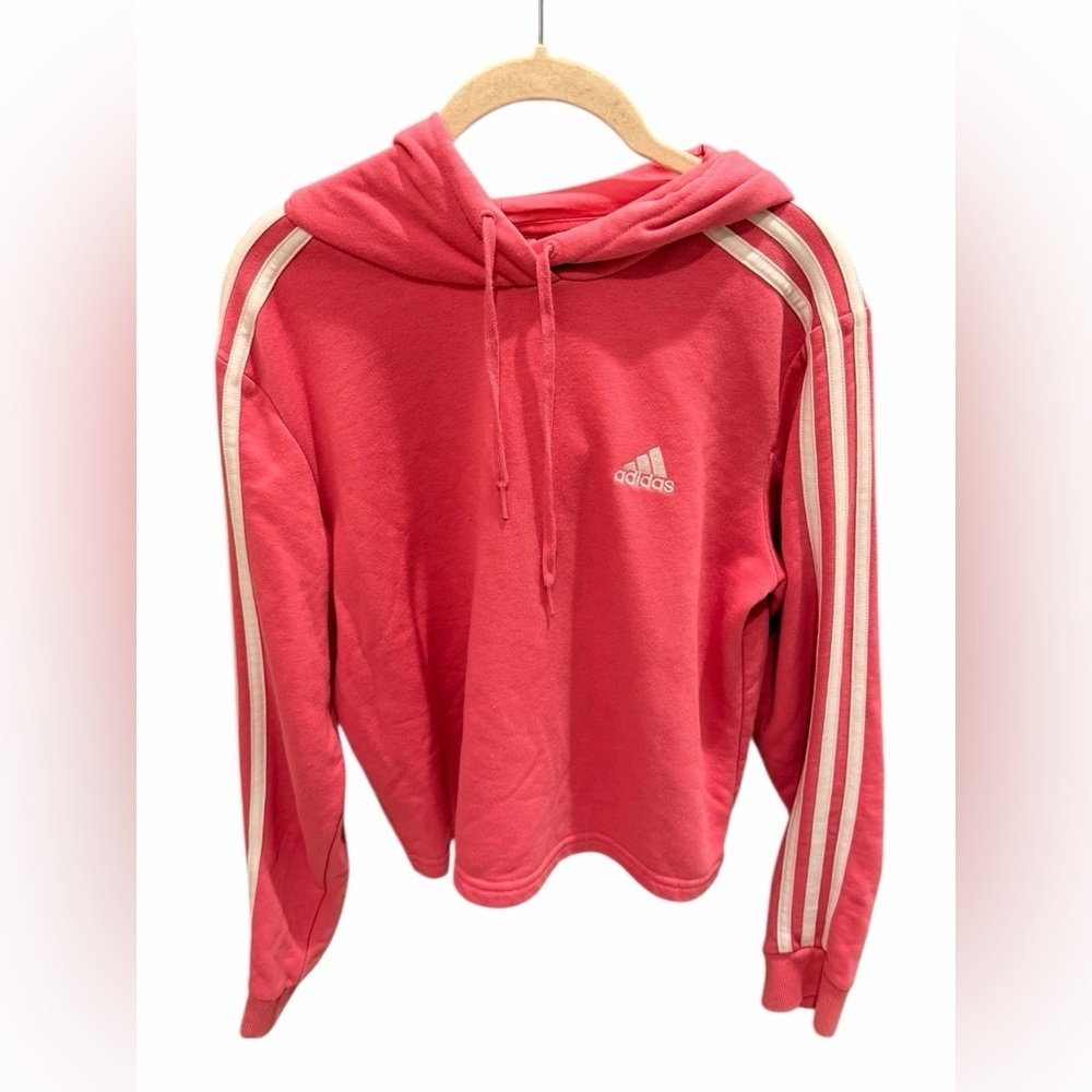 Adidas Crop Hoodie Rose Tone White Long Sleeve Multi Sport 3 Strip French Terry